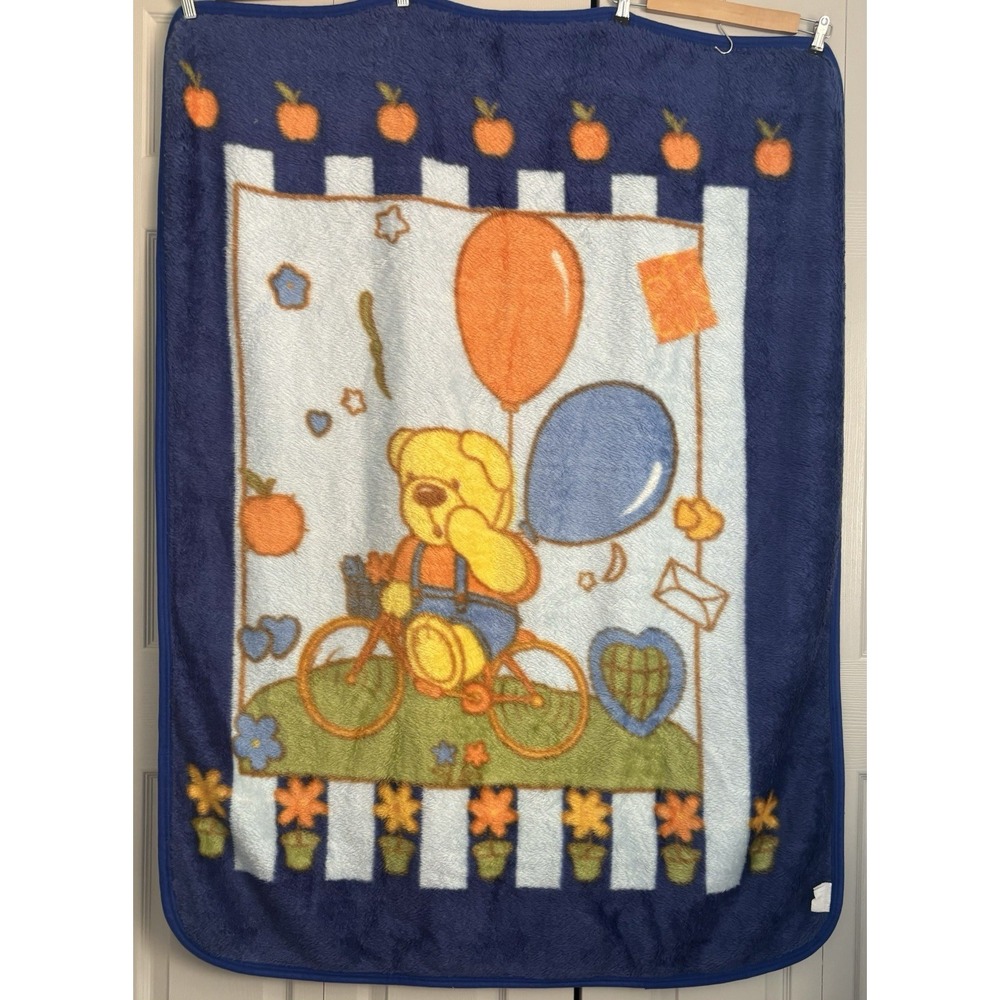 Vintage Baby Blanket‎ Mink Plush Deep Blue Teddy Bear Riding Bicycle 52"x40" - Picture 7 of 10